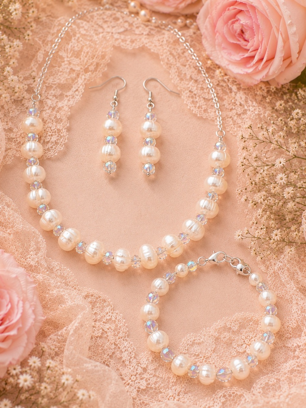 Cultured Freshwater Pearls & Crystal Necklace, Bracelet & Earring Set